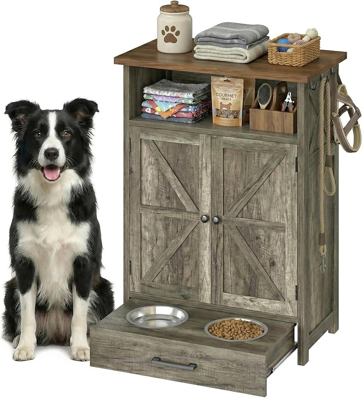 Dog Feeding Station with Storage Cabinet, Raised 2 Elevated Dog Bowls with Hidden Drawer, Pet Feeding Station with Storage, Dog Food Storage Cabinet with 3 Side Hooks, Pet Storage Station