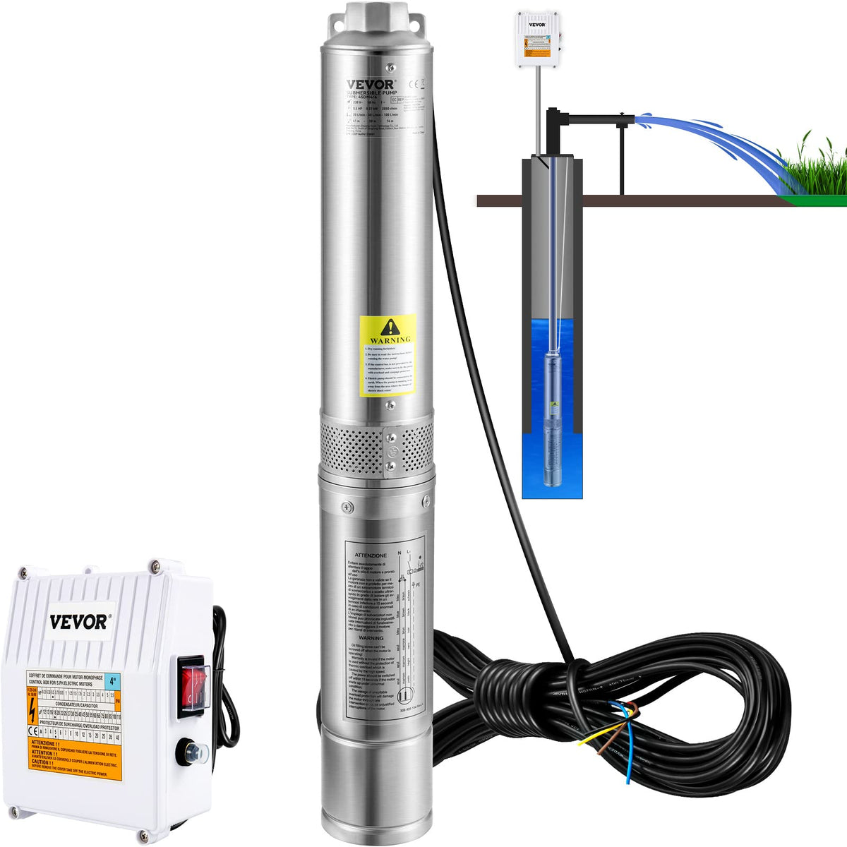 VEVOR Deep Well Submersible Pump, 2HP/1500W 230V/60Hz, 37GPM Flow 427 ft Head, with 33 ft Electric Cord, 4 inch Stainless Steel Water Pumps for Industrial, Irrigation & Home Use, IP68 Waterproof Grade