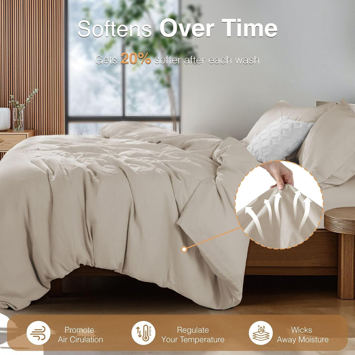 SONORO KATE 100% French Linen King Duvet Cover Set,Zipper Closure,3PC