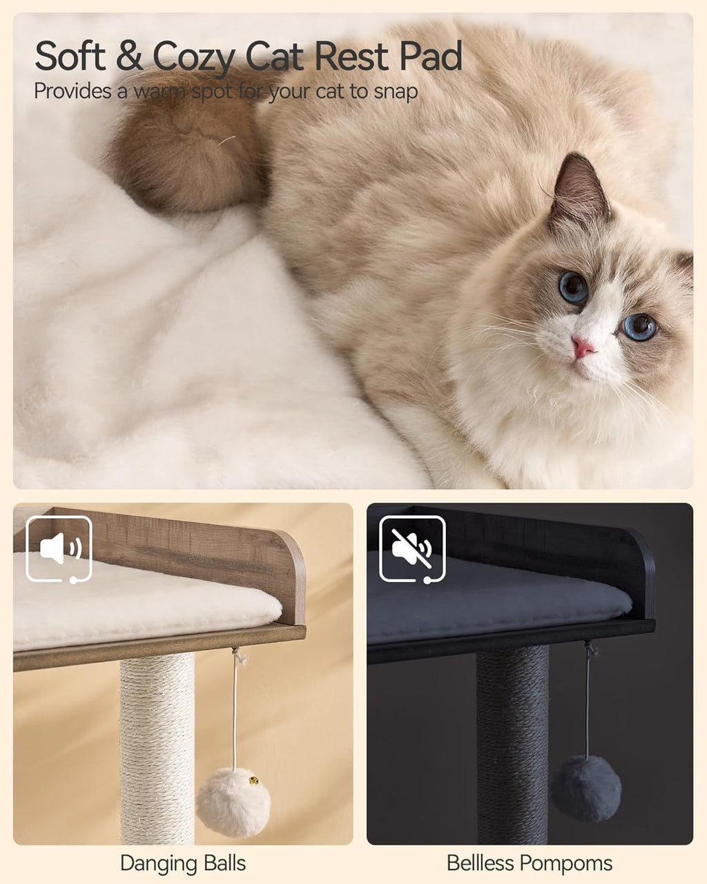 FourFurPets 43.7" Modern Cat Tree for Large Cats, Quick One‑Person Assembly