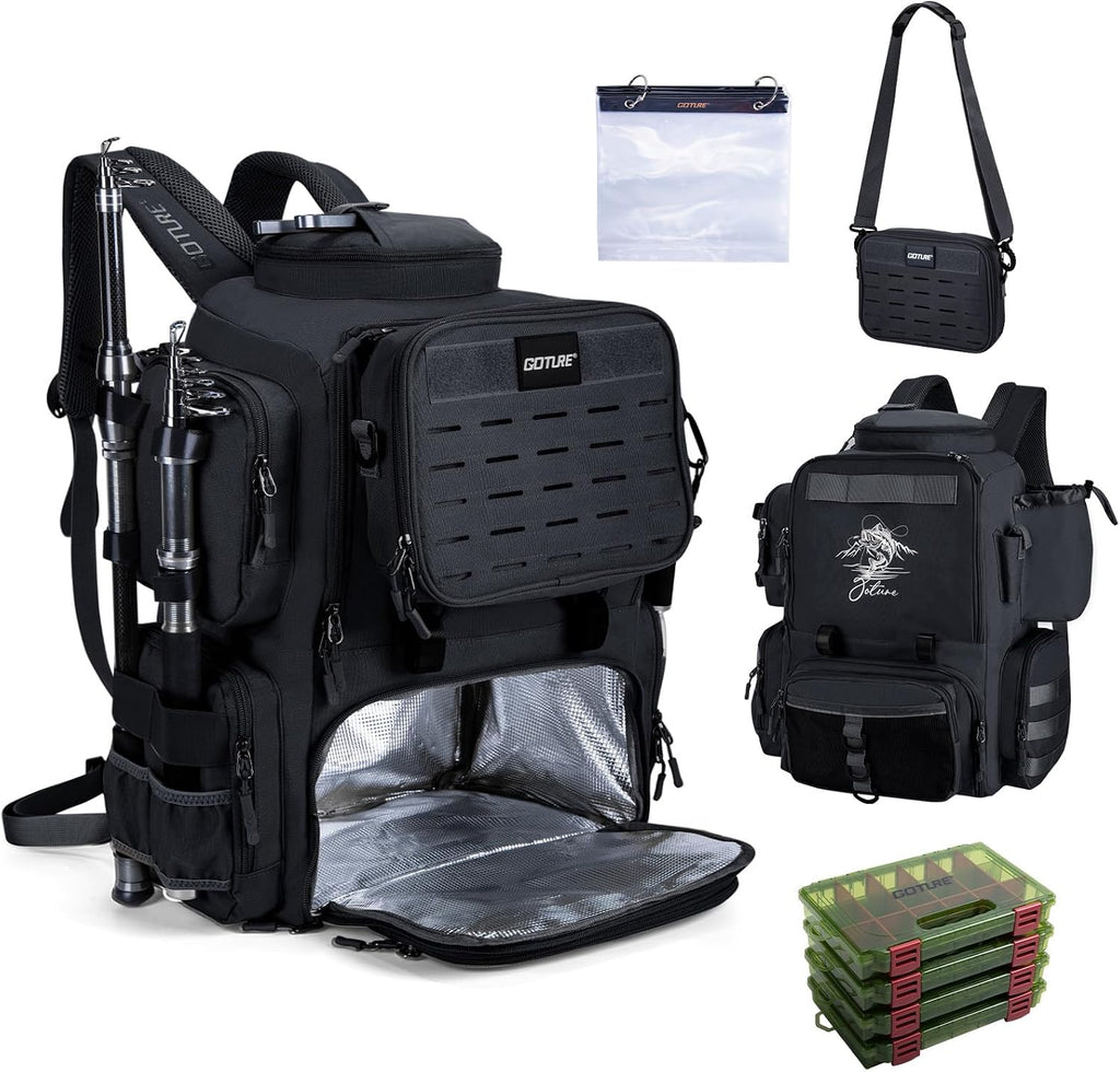 Goture Fishing Backpack with Cooler, 4 Tackle Boxes, Detachable Sling Bag