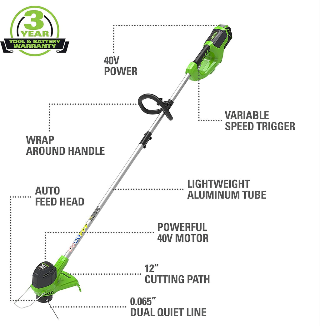 Greenworks 40V 12 in Cordless String Trimmer, 2.0 Ah Battery and Charger