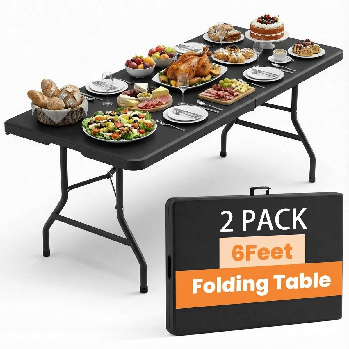 2 Pack Folding Tables 6FT Plastic Utility Foldable Tables, Black