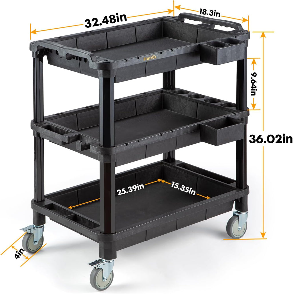 ELAFROS 3-Shelf Heavy Duty Rolling Utility Cart, 32.4 x 18.3 in