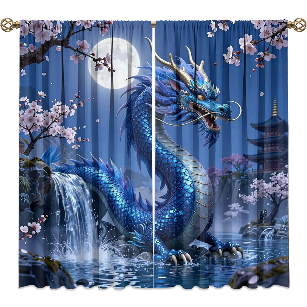 Fantasy Mythical Animal Dragon Curtains,Dreamy Galaxy Full Moon Room Darkening Blackout Window Treatment,Mythological Wildlife Dragon Rod-Pocket Privacy Curtains,2pcs,Each 52“W x 96”L
