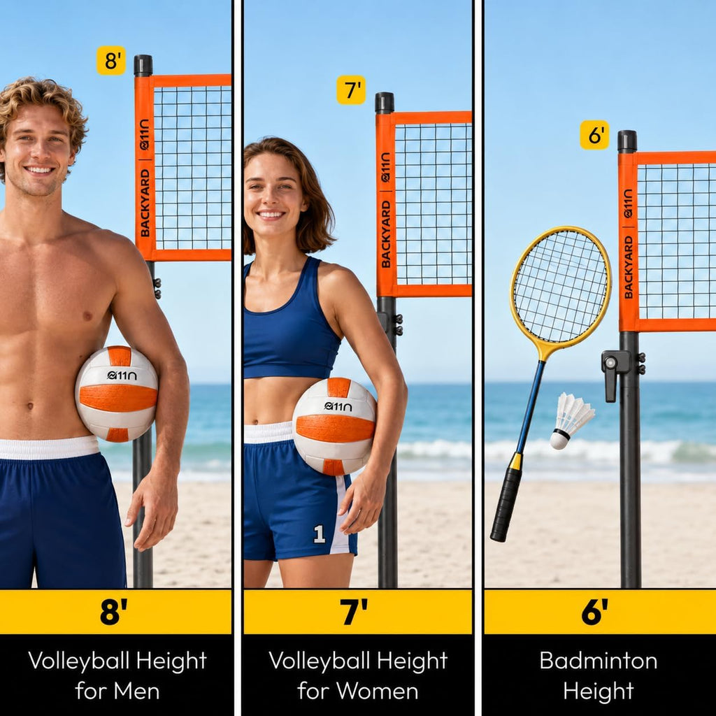 A11N SPORTS Outdoor Volleyball and Badminton Combo Set - Includes Adjustable Height Anti-Sag Net, Volleyball, Air Pump, 4 Badminton Rackets, 2 Shuttlecocks, Boundary Line Marker, and Carrying Bag