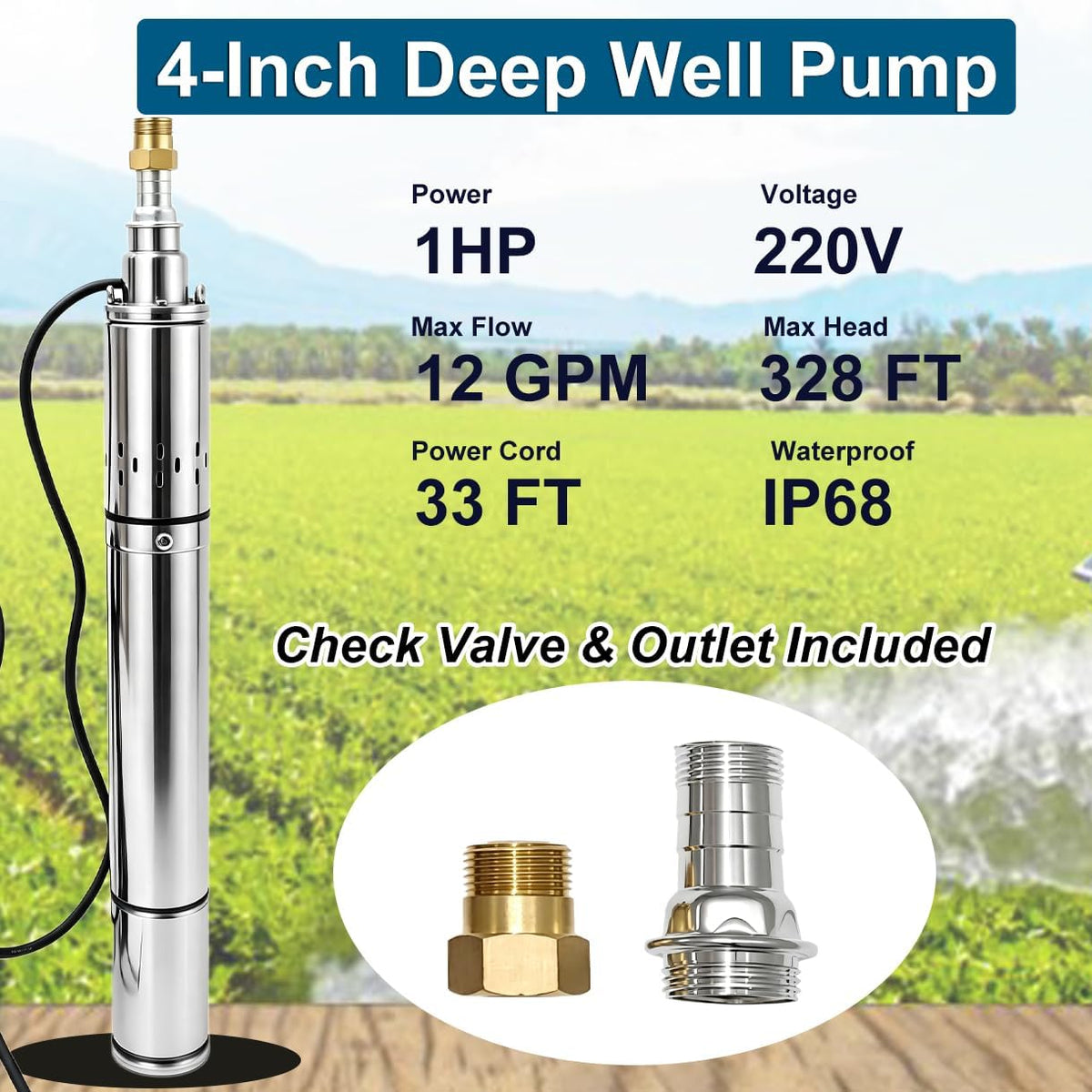 Deep Well Submersible Pump, 220V 1hp Deep Well Pump Submersible Water Pump for Industrial Irrigation and Home,328FT Lift, 12GPM, Screw Water Pump