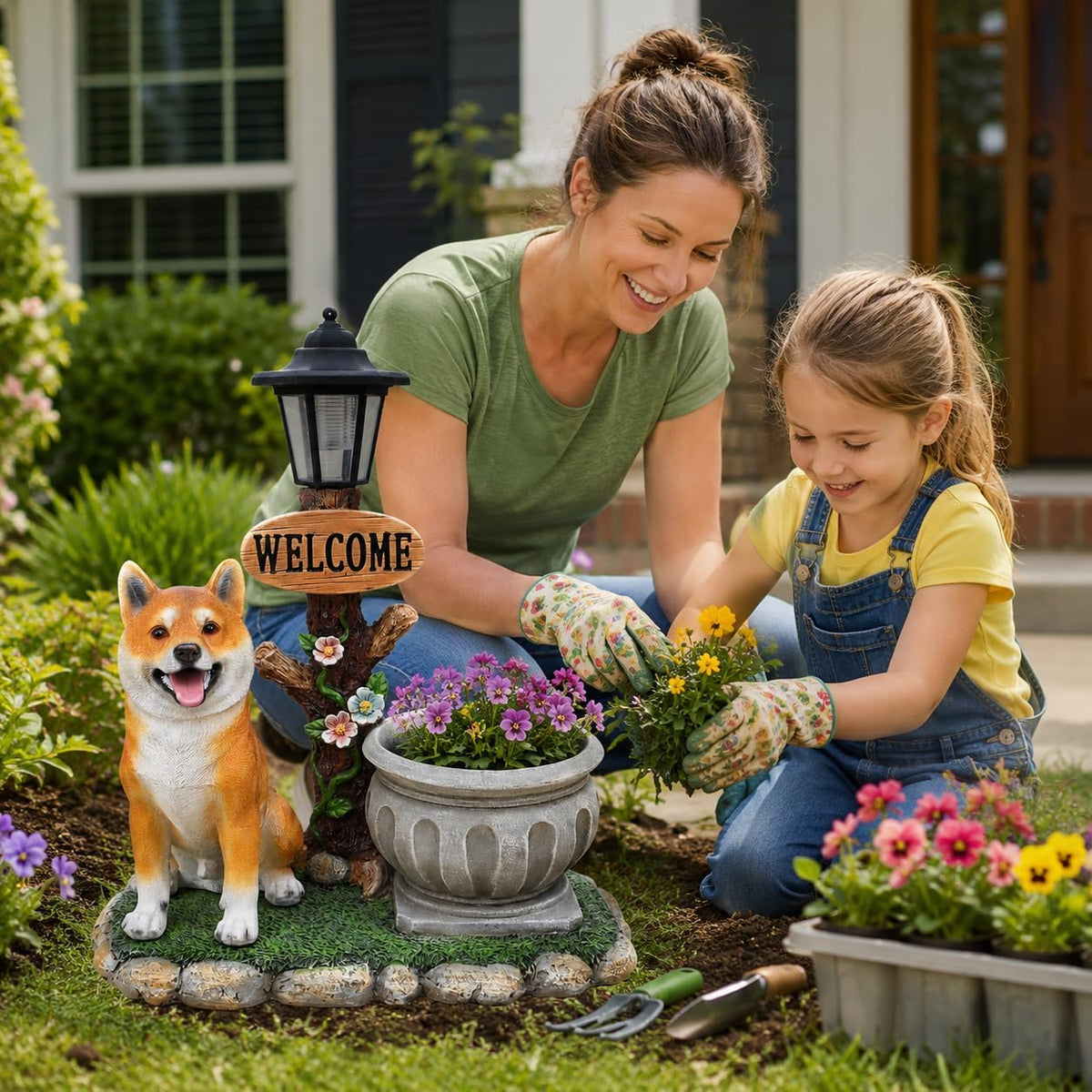 Solar Shiba Inu Statue with Welcome Sign & Lantern, Dog Garden Figurine Planter Pot, Realistic Outdoor LED Light for Porch, Yard Art & Lawn Decor, Unique Gift for Shiba Inu Lovers