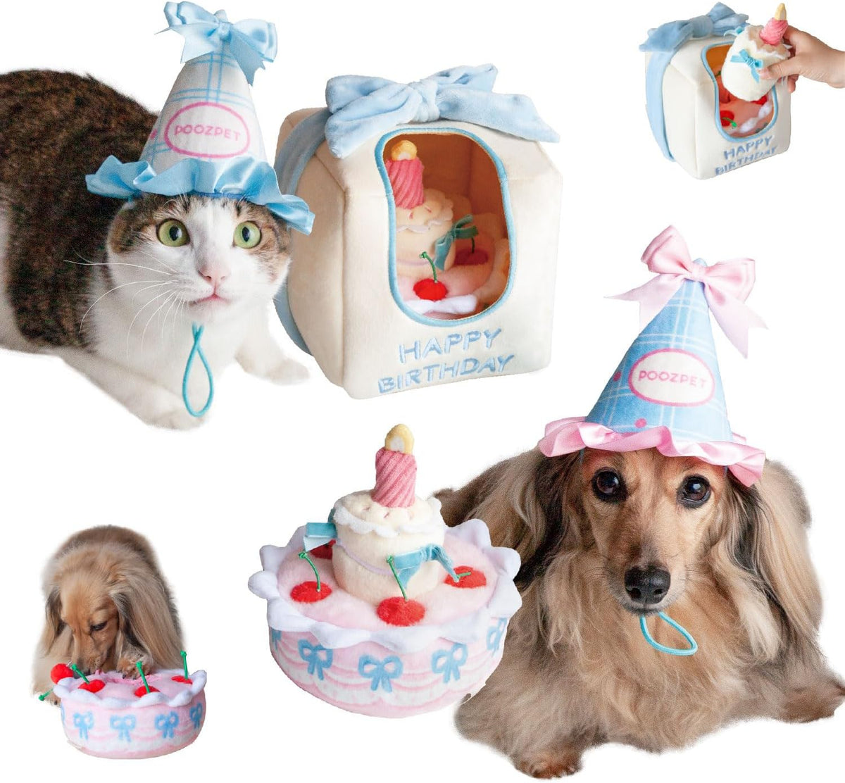Birthday Cake Snuffle Toy Set, Interactive Enrichment Plush Cake with Squeaker Candle, Treat-Hiding Pocket in Cherries, Crinkle Cake Box and a Party Hat for a Cute Photo