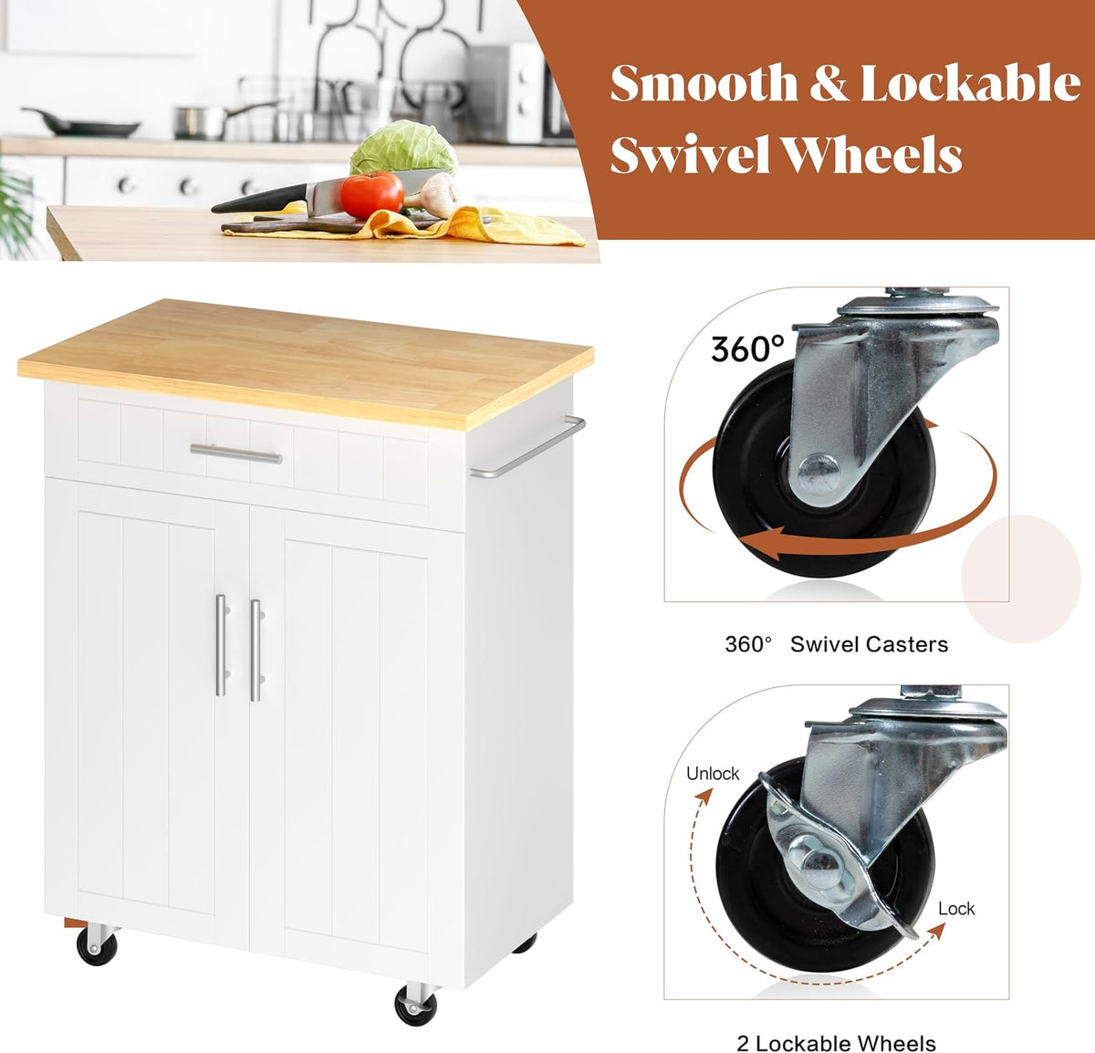 SUNLEI Kitchen Island with Storage, 26" Rolling Microwave Cart with 3 Drawers, Rubberwood Top, Lockable Wheels, Towel Rack & Open Shelves, Portable Kitchen Cart, White