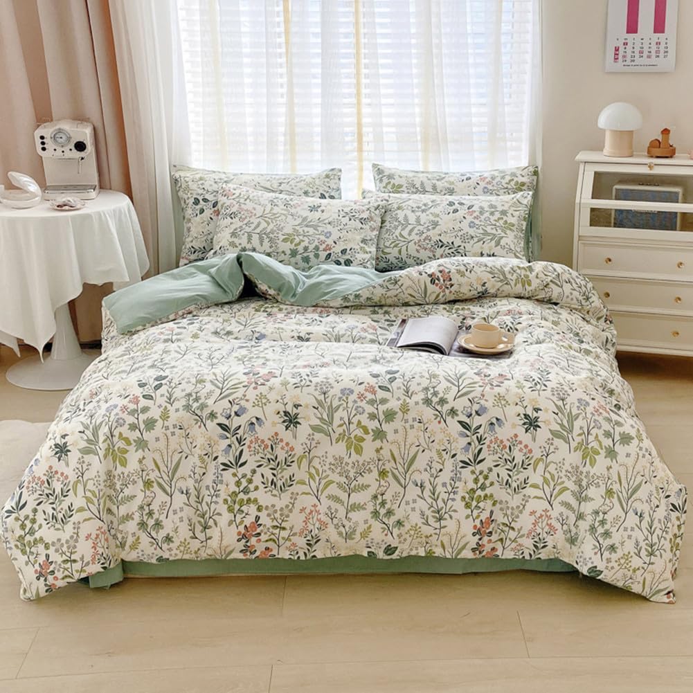 LifeTB Green Floral 100% Jersey Knit Cotton Duvet Cover Queen Vintage Style Botanical Floral Bedding Set Chic Shabby Green Floral Comforter Cover Girl Women Flower Bedding Cover with 2 Pillowcases