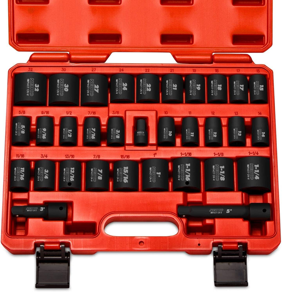 NEIKO 02448A 1/2" Drive Master Impact Socket Set, 65 Piece, Standard SAE (3/8"-1-1/4") & Metric (10-24 mm) Sizes, Deep & Shallow Kit, Includes Adapters & Ratchet Handle
