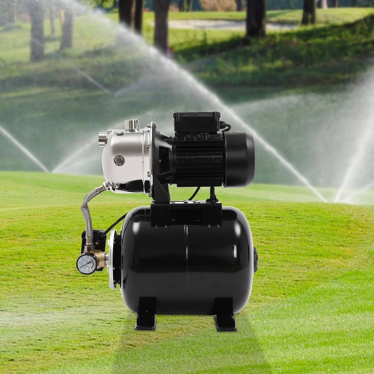 1HP Shallow Well Pump with Pressure Tank, 110V Irrigation Pump Garden Pump Stainless Steel Water Booster Jet Pump for Home Farm Lawn Irrigation Yard (Black)