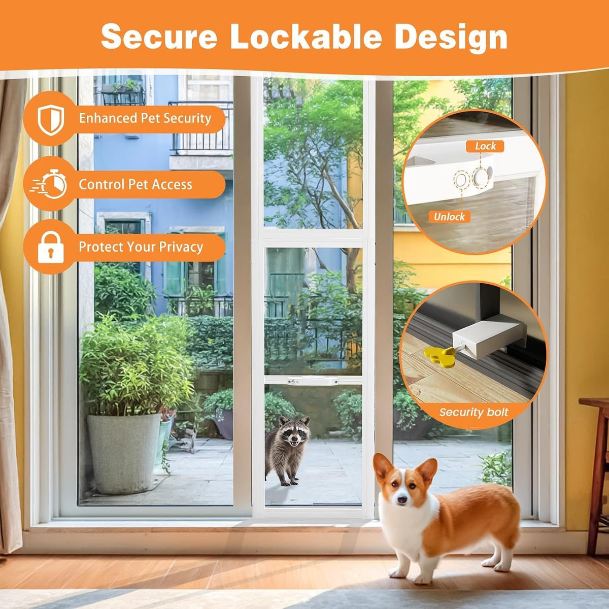 Dog Door for Sliding Glass Doors, 86.6"-92.5" Adjustable, Security Lock