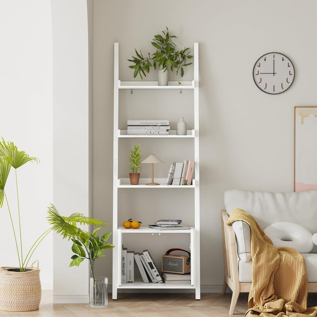 4-Tier Ladder Bookshelf with Storage Cabinet, Freestanding Shelf Unit,White