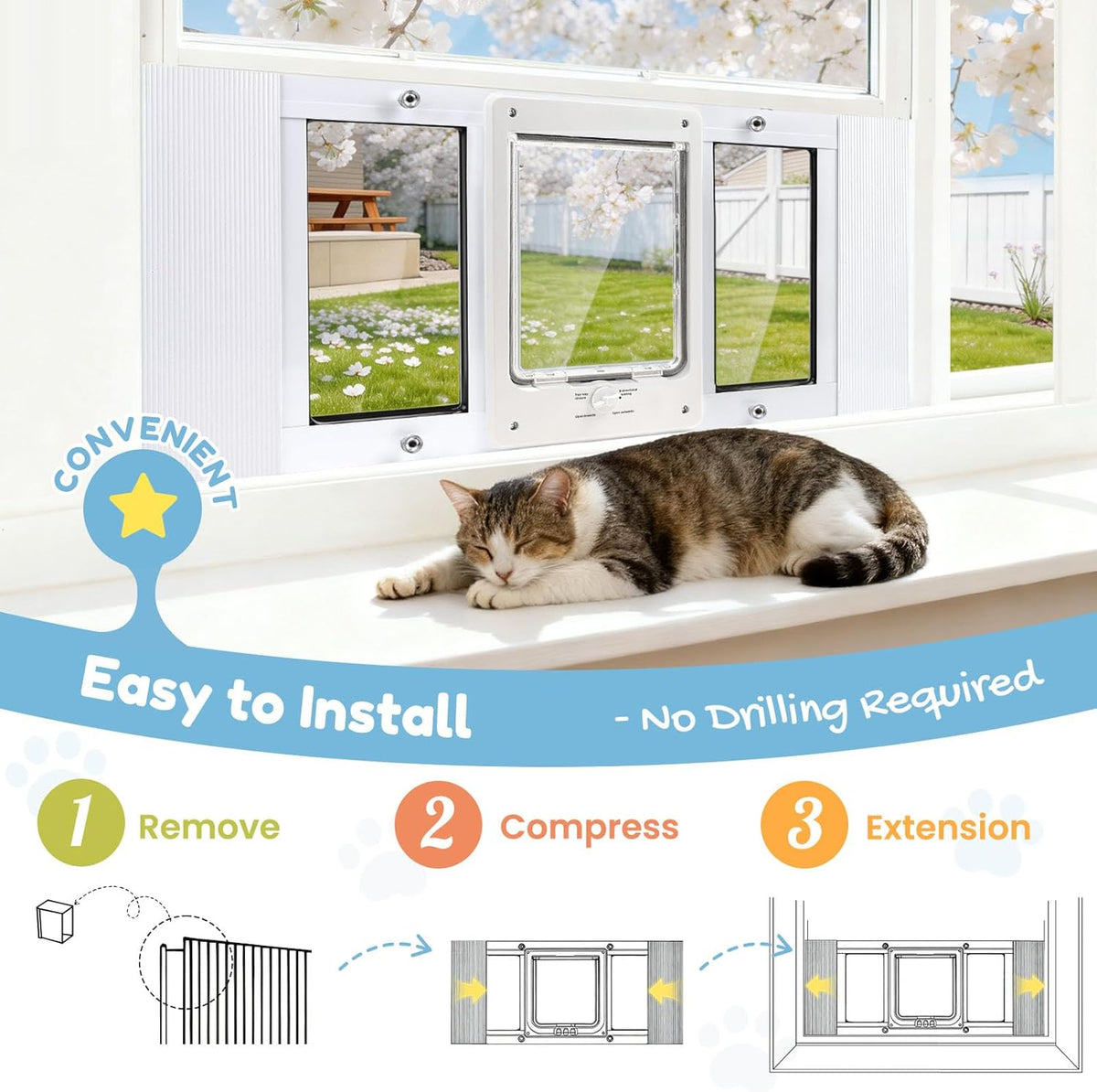 Cat Door for Window & Small Dog, Quick Damage-Free Install, 21"-23 4/5" Width Adjustable, All Aluminum Frame, 4-Way Lock, Magnetic Closure, Extra Window Lock & Sealing Strips (XS)