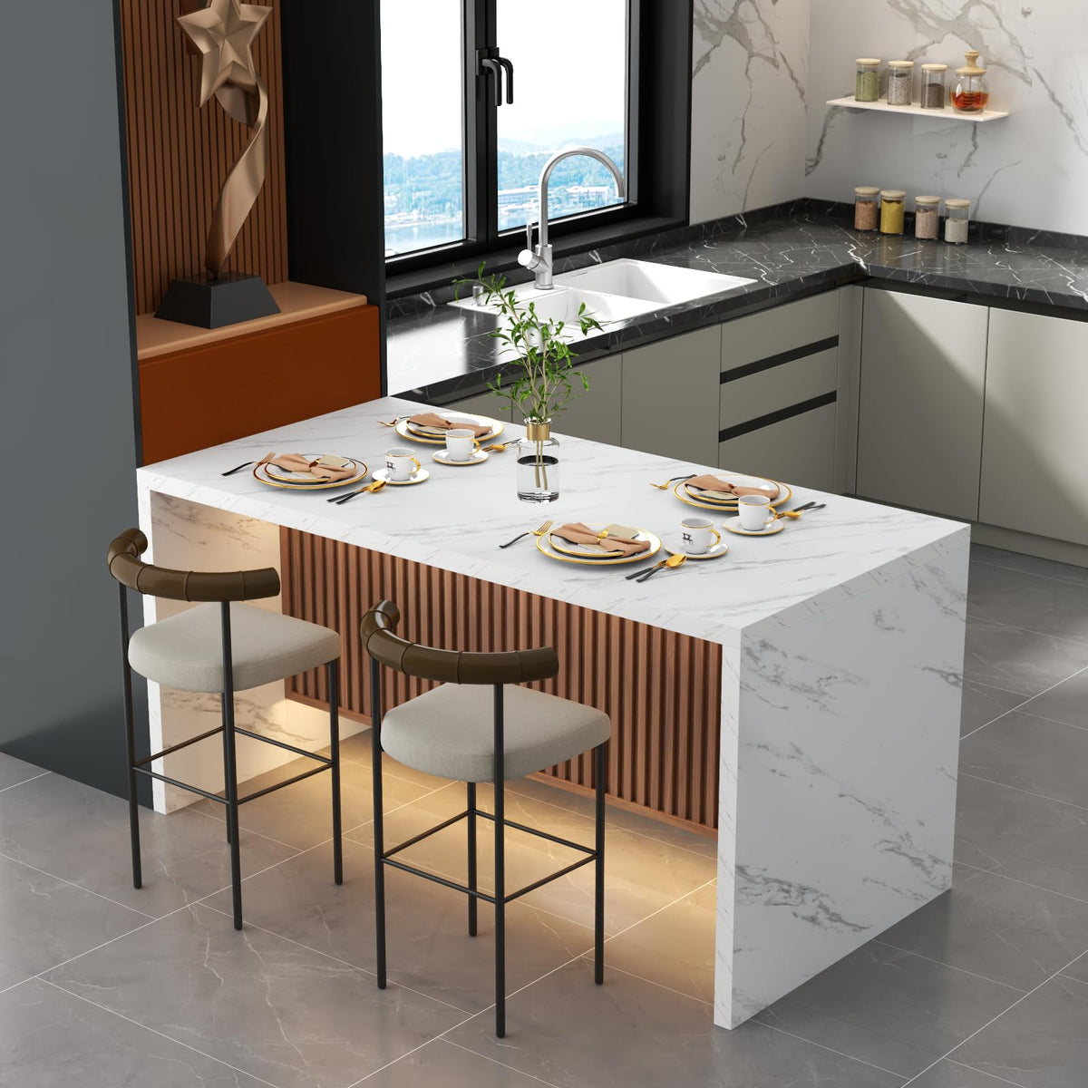63" Large Imitation Marble Dining Table for 4-6 People, with LED Lights