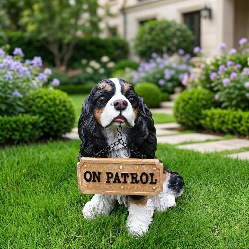 Lifelike Black and White Cocker Spaniel Garden Statue with Solar Lantern and Decorative Tag, Resin Puppy Figurine Outdoor Decor, Yard Art for Patio Lawn Porch