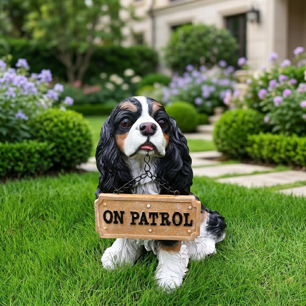 Lifelike Black and White Cocker Spaniel Garden Statue with Solar Lantern and Decorative Tag, Resin Puppy Figurine Outdoor Decor, Yard Art for Patio Lawn Porch