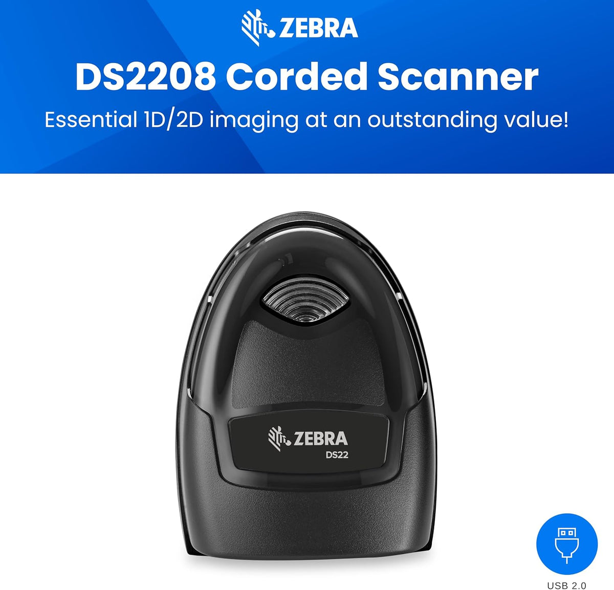 Zebra DS2208 Handheld Barcode Scanner w/ Stand | 1D 2D QR Code Scanner | Easy Setup | Corded with Shielded USB Cable (Renewed)