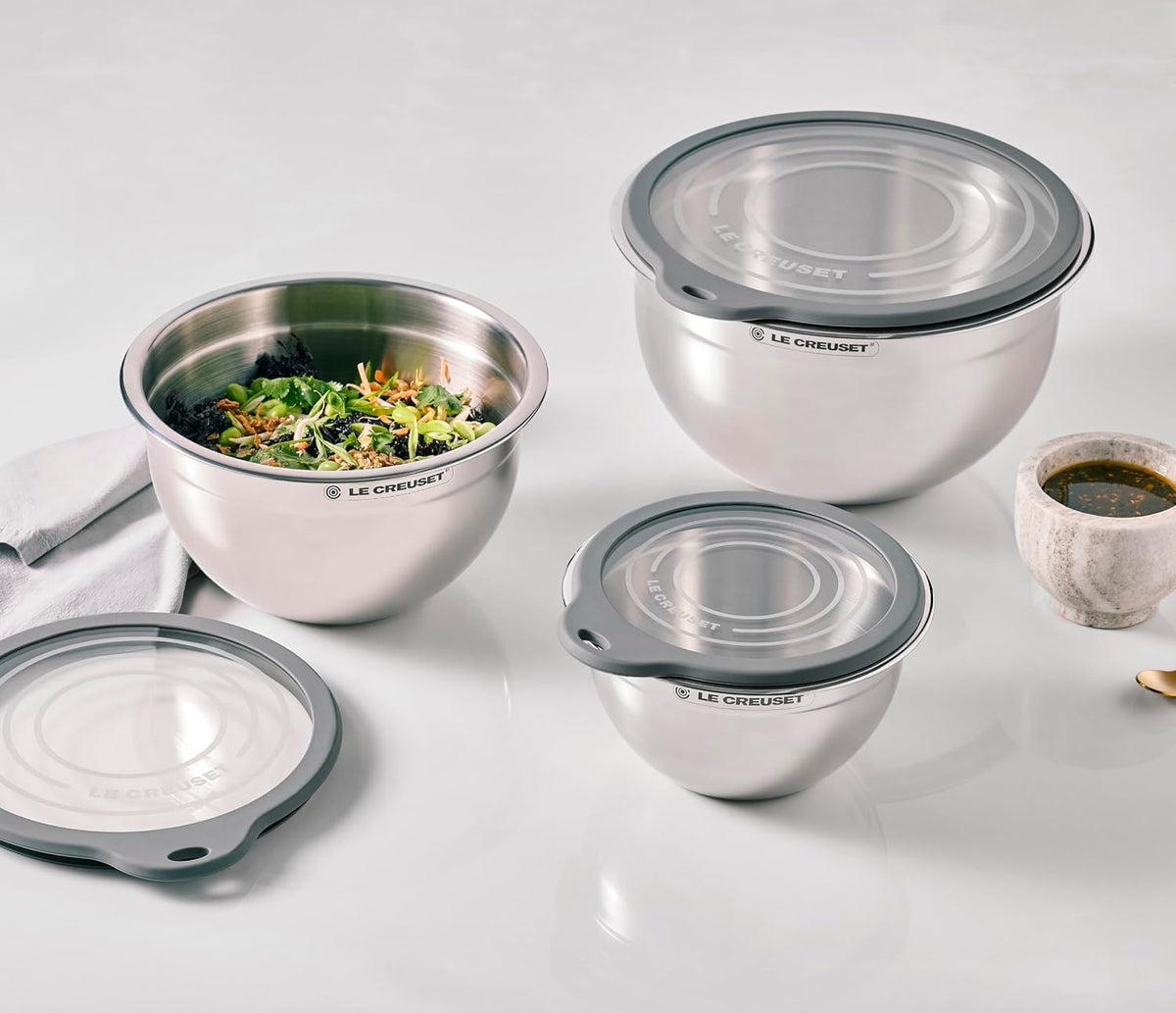 Le Creuset Stainless Steel Mixing Bowls with Glass Lids, Set of 3