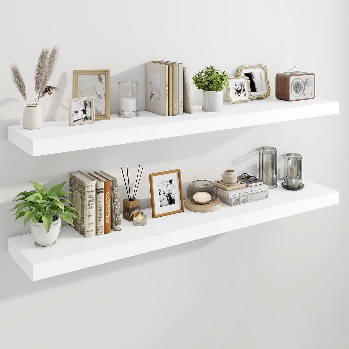 Marsmiles 55" Floating Shelves for Wall, Wooden Shelves with Invisible Brackets Set of 2, Rustic Farmhouse Wall Mounted Shelf for Kitchen Bathroom Living Room Study, White