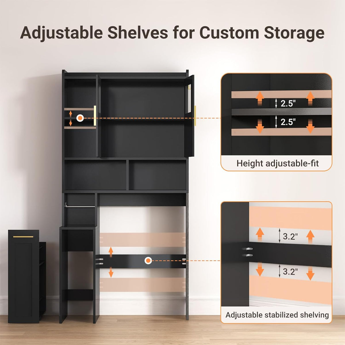 ELYKEN Over The Toilet Storage Cabinet with Pulley & Acrylic Doors, Black