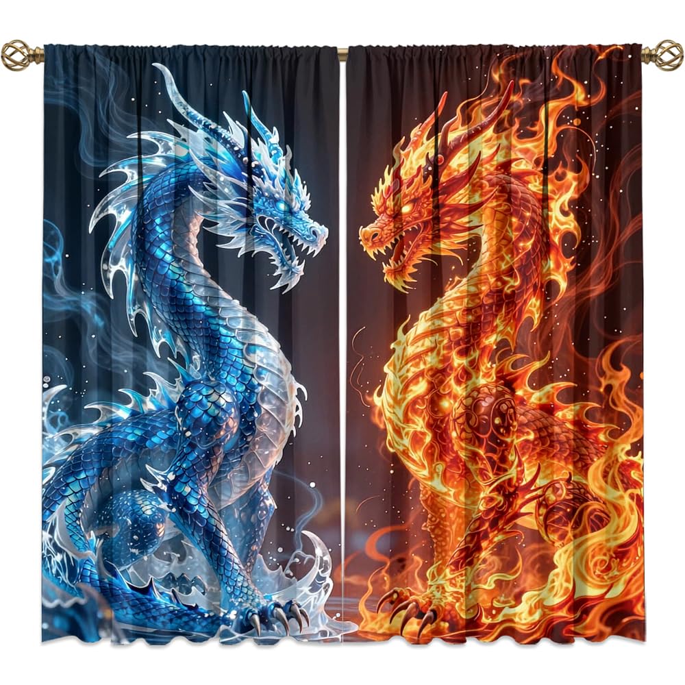 Dreamy Ice Fire Dragon Rod Pocket Curtains-Fantasy Yin Yang Theme Blackout Curtains & Drapes for Bedroom,Mythological Wild Animals Dragon Room Darkening Window Curtain,2pcs,Each 52“W x 96”L