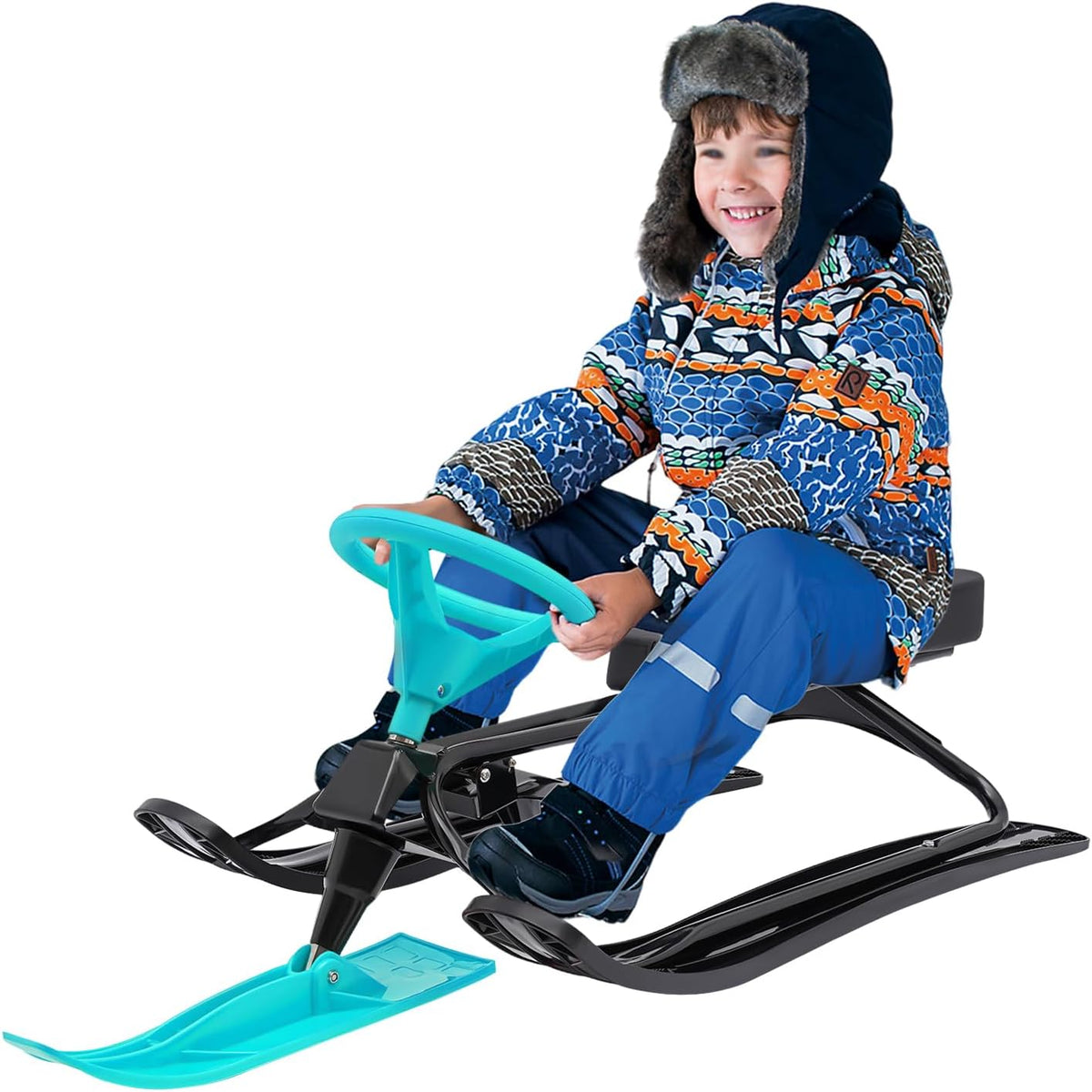 Snow Racer Sled, Ski Sled with Steering Wheel & Twin Brakes, Durable Steel Frame, Great Weight Capacity of 220 LBS, Sled for Kids Age 6 & Up, Teenagers Adult