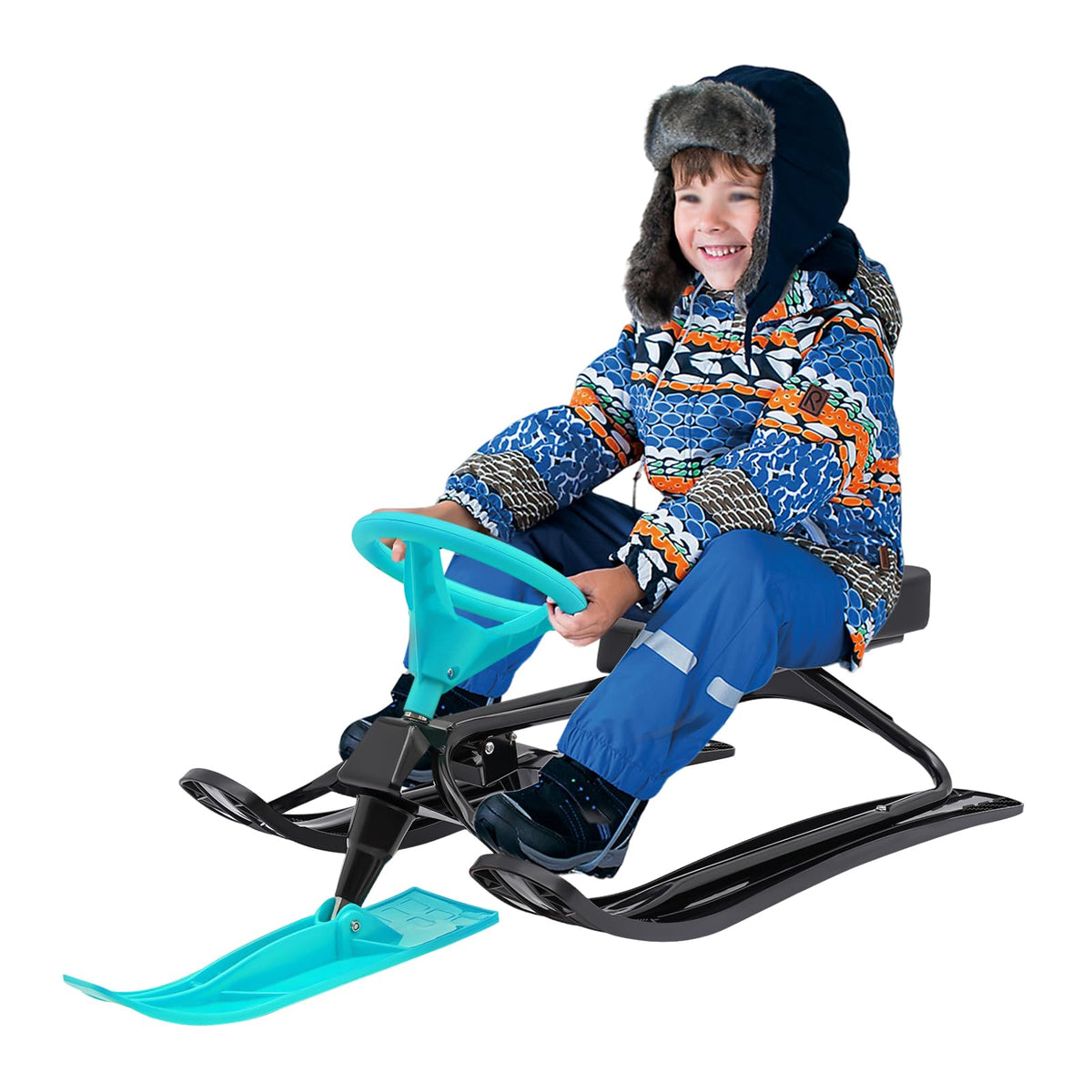 Snow Racer Sled, Steering Wheel, 220.5 lb Capacity, Steel Frame, 44.88 in