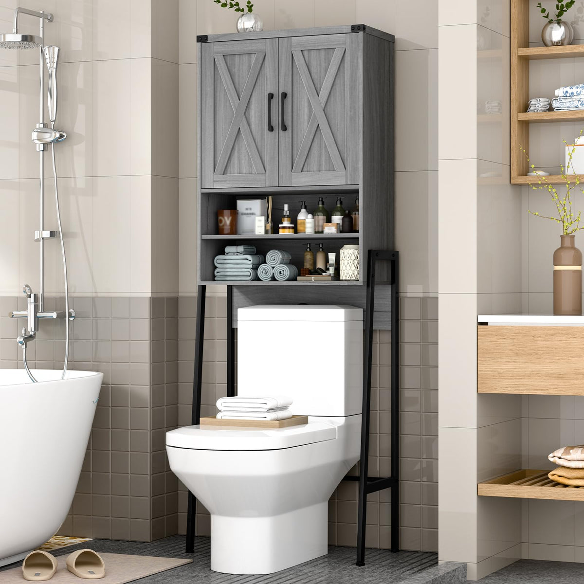 Vabches Metal Frame Over The Toilet Storage Cabinet, Black