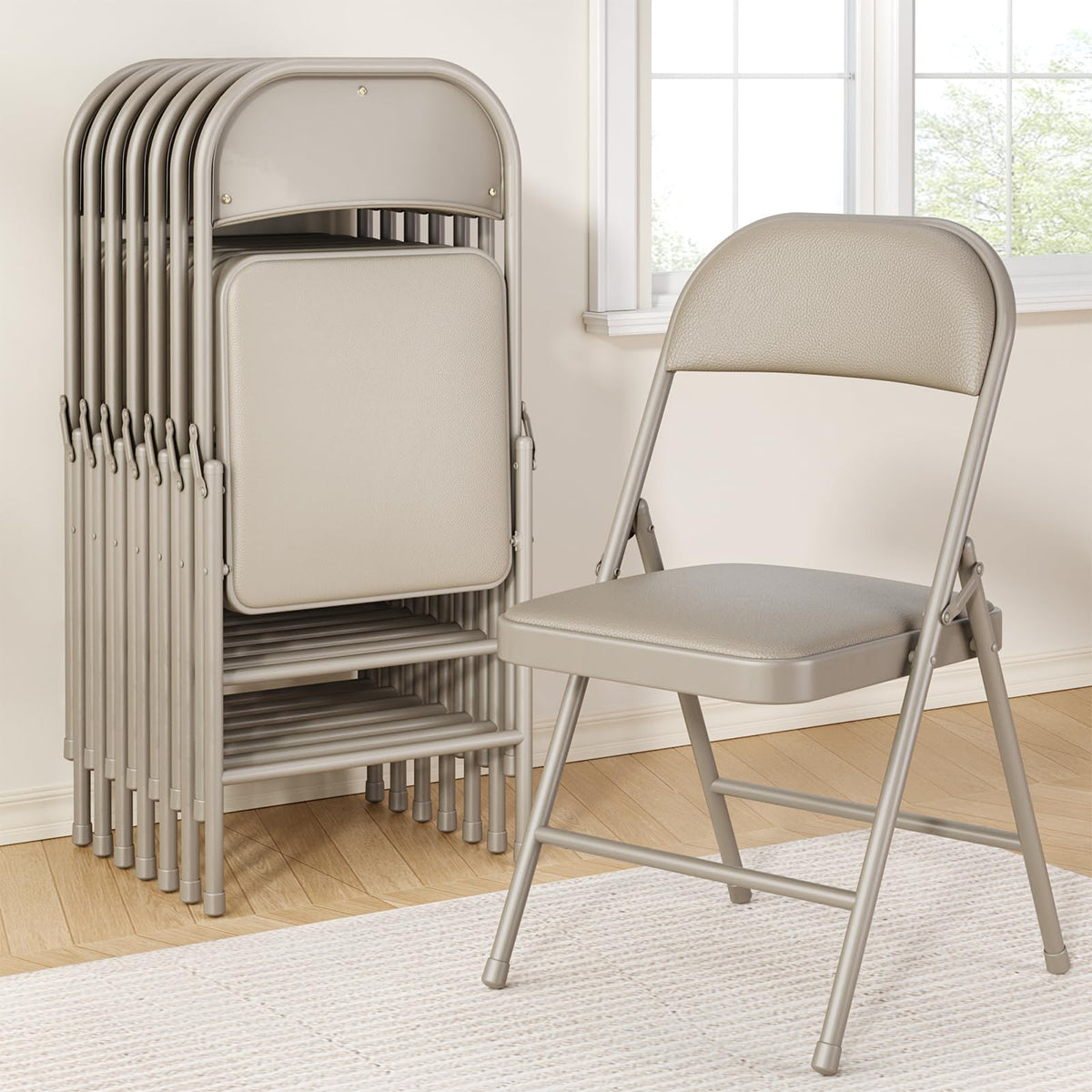 Folding Chairs 4 Pack,350 lbs Heavy Duty Metal Frame Folding Chairs with PU Leather Padded Seat,Ergonomic Portable Foldable Chair with Non-Slip Rubber Feet for Indoor Outdoor Wedding Patio Party,Black