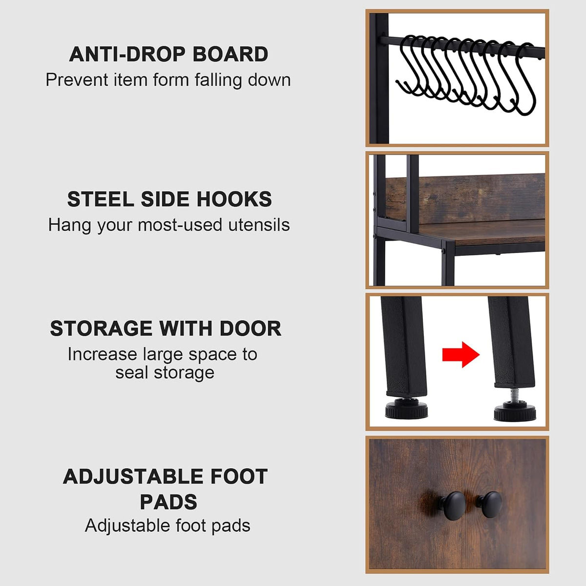 5-Tier Kitchen Bakers Rack with Storage,Industrial Microwave Oven Stand, Utility Storage Shelf,Free Standing Kitchen Utility Cart Storage Shelf Organizer with Hooks