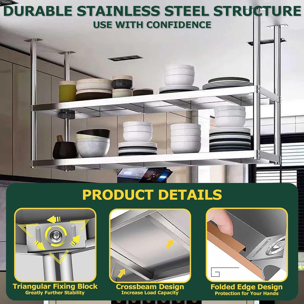 Ceiling Shelf, Stainless Steel Ceiling-Mounted Floating Shelves, Kitchen Pot Storage Shelves for Utensils, Hanging Shelf for Restaurant, Bar, Cafe(90x35x80cm)