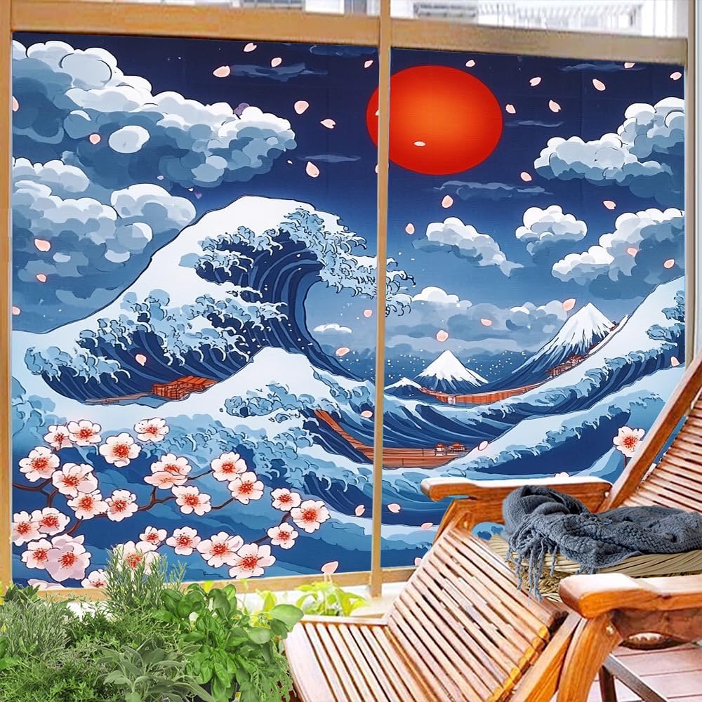 Ocean Waves Cherry Blossoms Window Privacy Film 31.5Wx55.1L inch x 2pcs