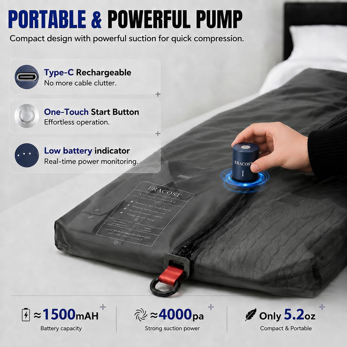 Travel Vacuum Bags with Pump, Compression Bags, Waterproof & Reusable Nylon Vacuum Travel Kit, Portable Space Saver Storage Bags with Wireless Vacuum Pump for Carry-On Backpack & Suitcase, 4 Pack