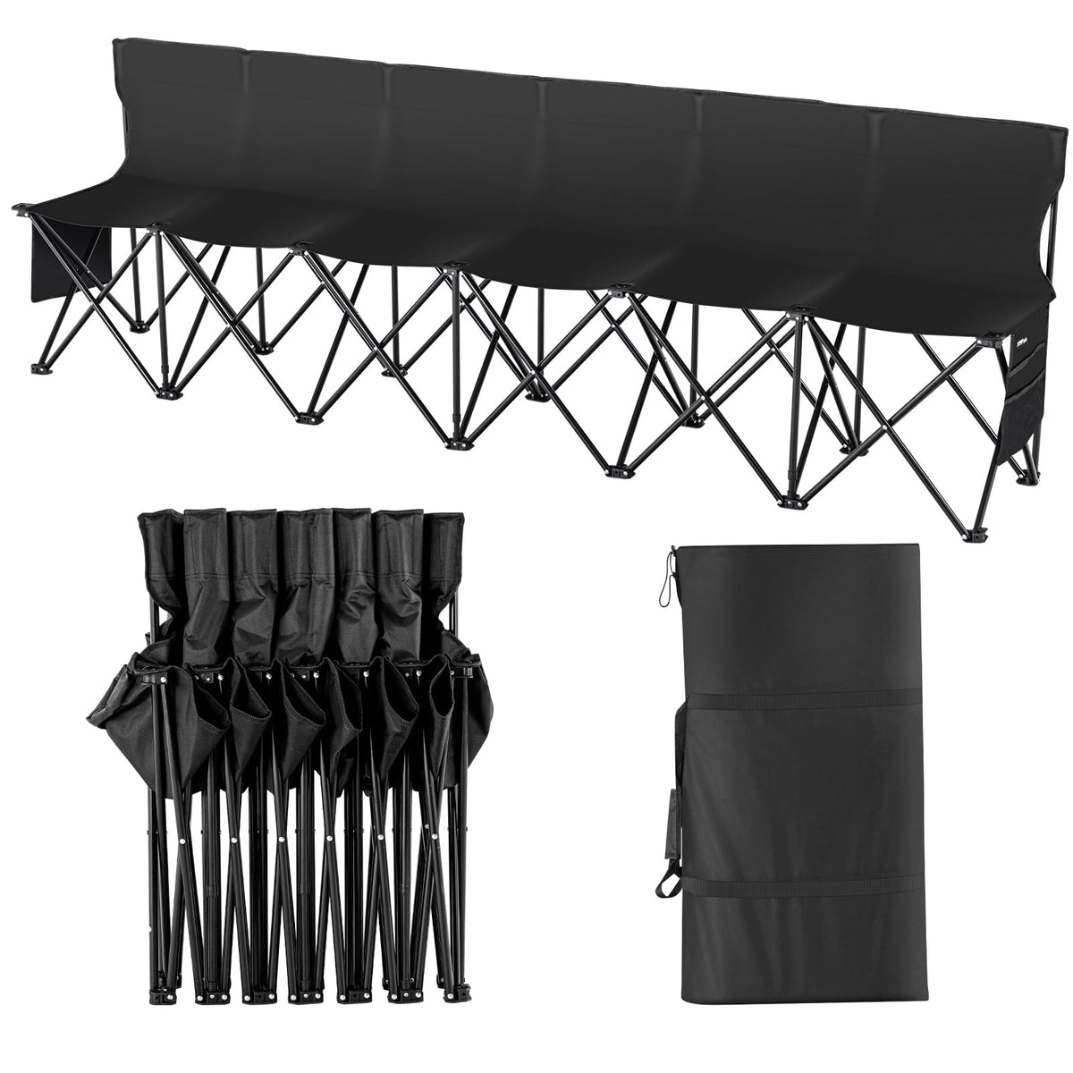 VEVOR Portable Folding Bench, 8 Seats Foldable Sideline Bench, Outdoor Camping Chair with Carry Bag & Backrest, Team Sport Sideline Bench for Football Fishing, No Assembly Instant Seating, Black