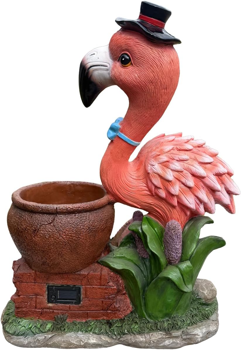 26" Outdoor Garden Sculpture Flamingo Flower Pot Planter with Solar LED Lights, Cute Resin Succulent Pot for Garden, Porch & Home Decor (Pink+Left)