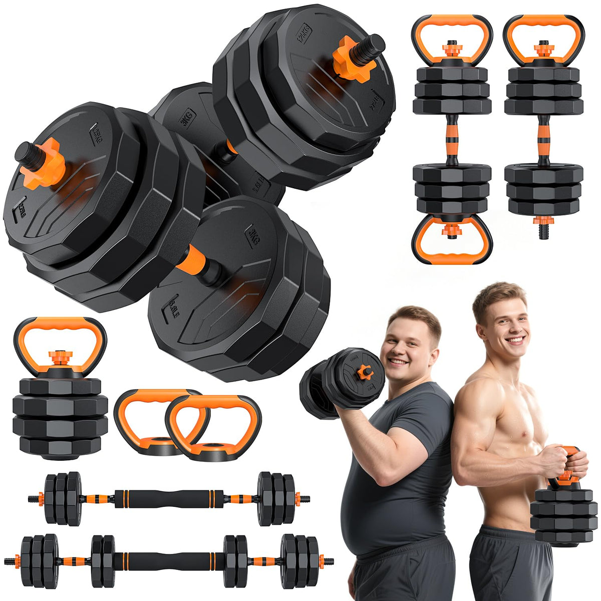 5-in-1 Adjustable Dumbbell Set, 33/44/66/88lbs Free Weights Set with Connector, Used as Kettlebells, Barbell, Push up Stand, Standard 1" Plates, Fitness Exercises for Home Gym Suitable Women/Men