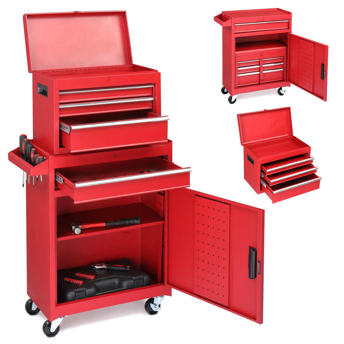 Winado 4-Drawer Rolling Tool Chest, 2-in-1 Large Storage Toolbox, Red