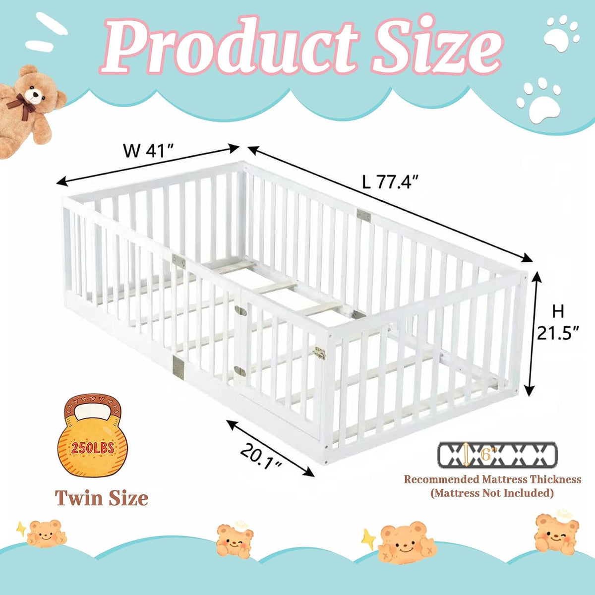 Twin Montessori Floor Bed with High Rails, Door & Slats for Kids, White