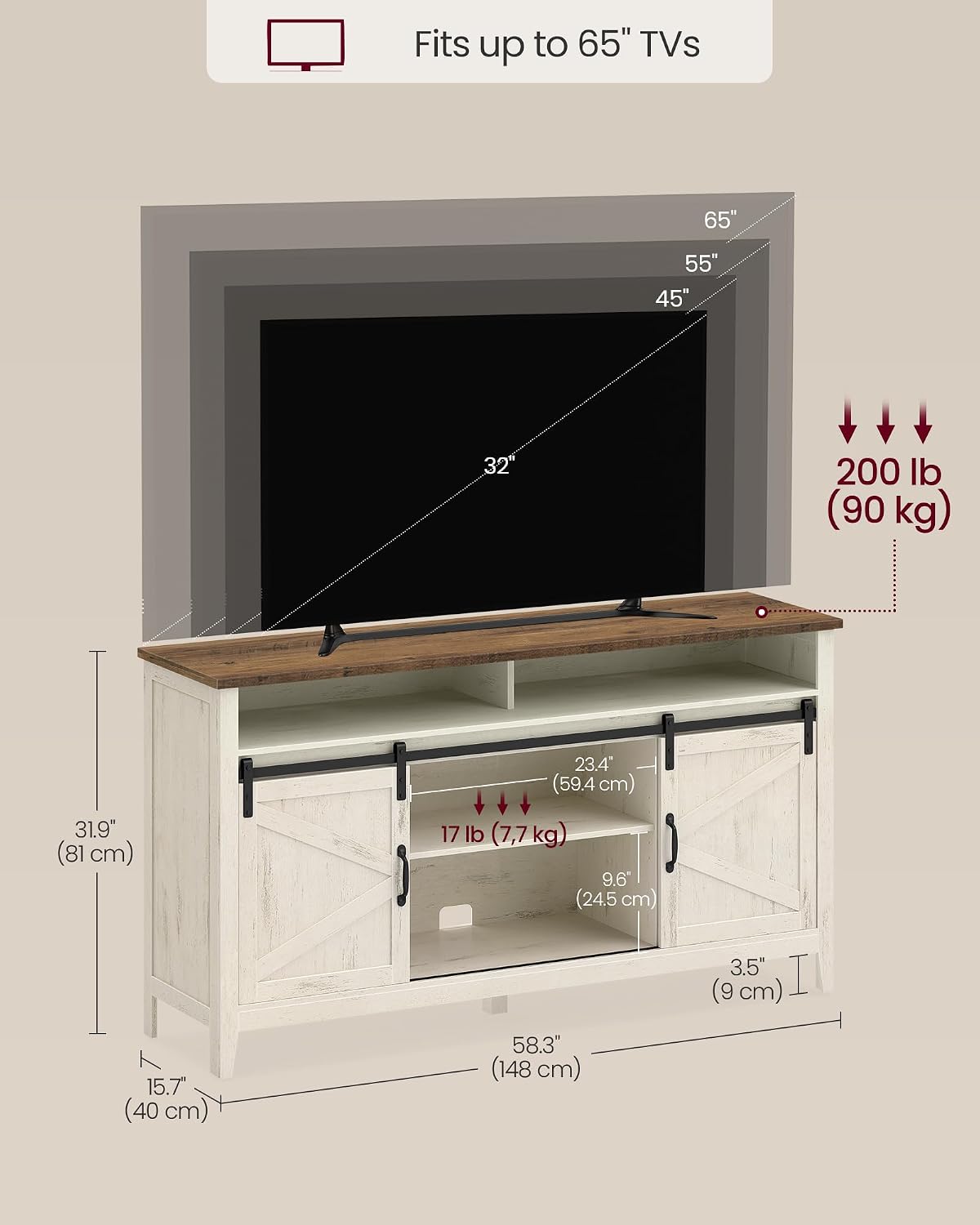 VASAGLE Tall Farmhouse TV Stand, Entertainment Center with Door for 65'' TV