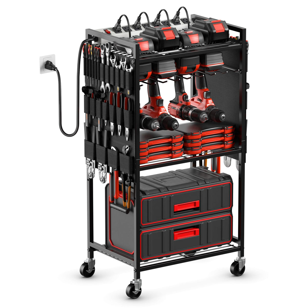 JUNNUJ Power Tool Organizer Cart with Charging Station, 6 FT Cord, Black
