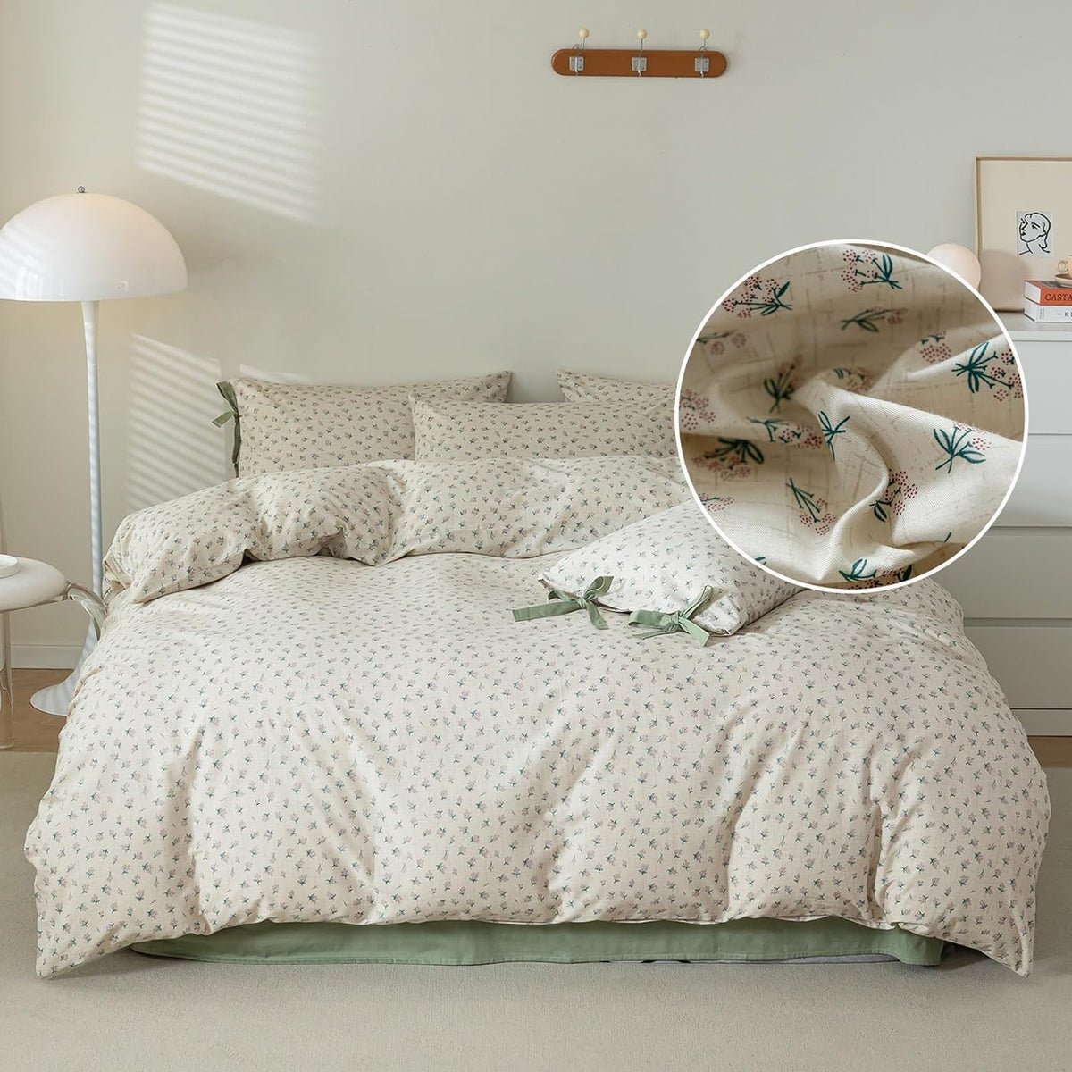 LifeTB Green Floral 100% Jersey Knit Cotton Duvet Cover Queen Vintage Style Botanical Floral Bedding Set Chic Shabby Green Floral Comforter Cover Girl Women Flower Bedding Cover with 2 Pillowcases