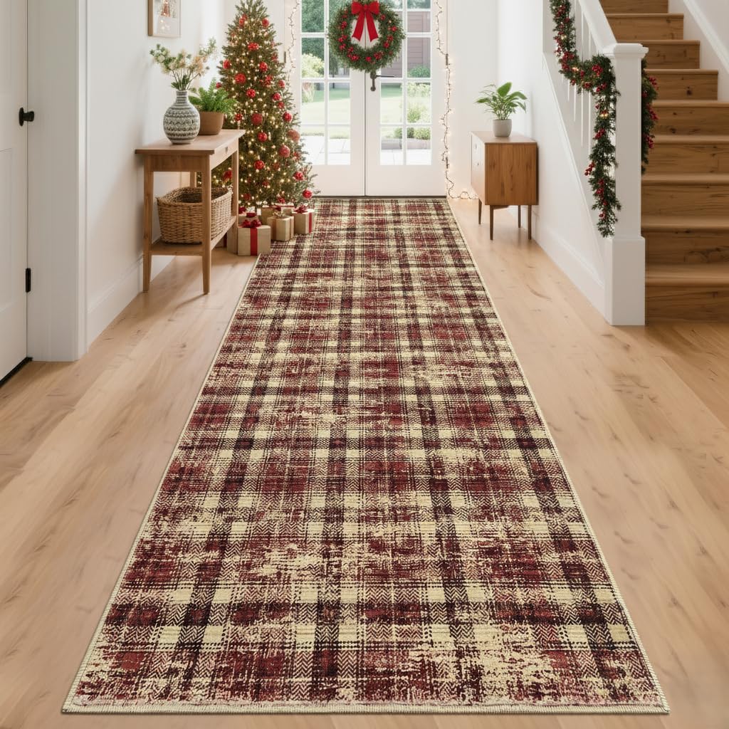 Modern Washable 8x10 Area Rug - Soft, Non-Slip, Stain Resistant, Farmhouse Tartan Plaid for Living Room, Bedroom, Nursery, Office - Beige