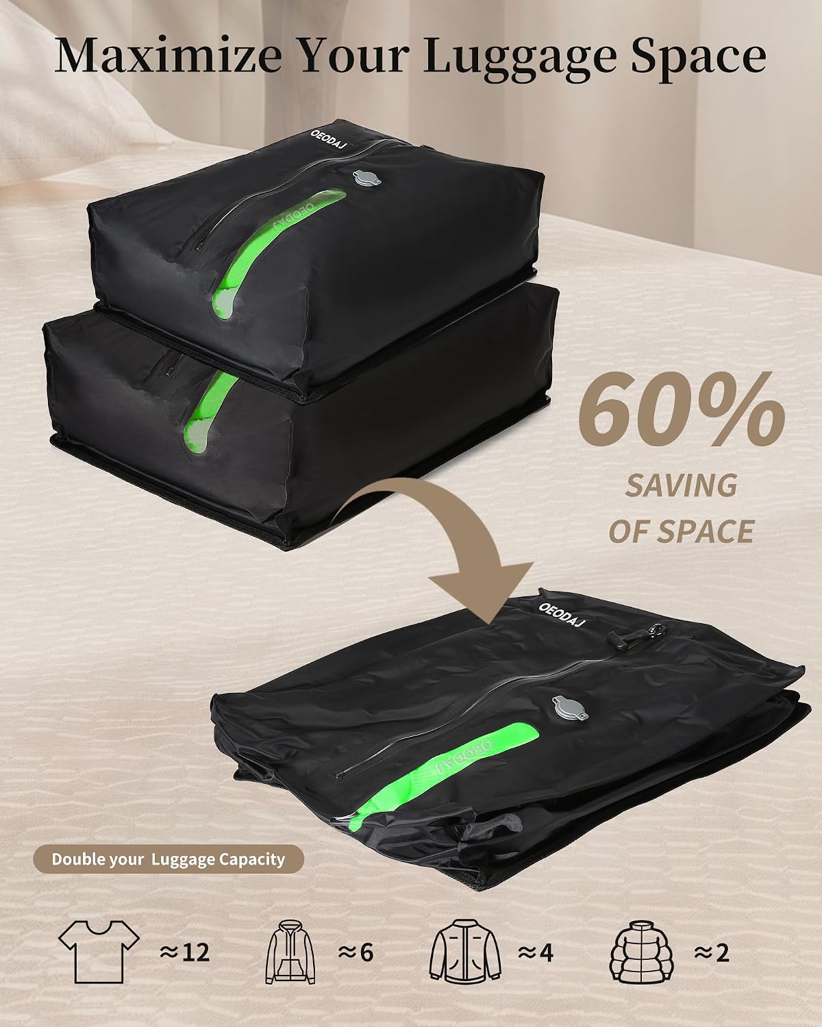 Travel Vacuum Bags with Wireless Pump, Reusable Waterproof Travel Pack Vacuum Kit, Compression Packing Cubes for Carry On Suitcase and Backpack, Seal Storage Bags for Clothing Luggage-2 Pack, 23L