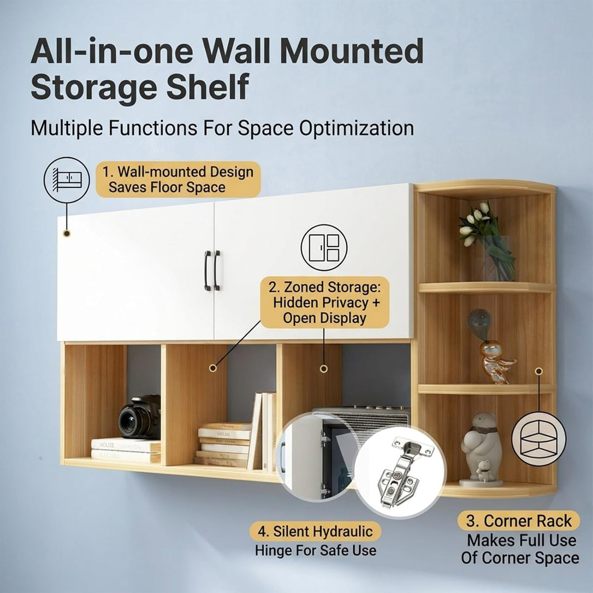 Floating Wall Storage Cabinet, Wall Mounted Bookshelf with Cabinet Doors and Open Shelving, Corner Wall Organizer for Bedroom Living Room Home Office(Black,120x65cm/47.2x25.6in)