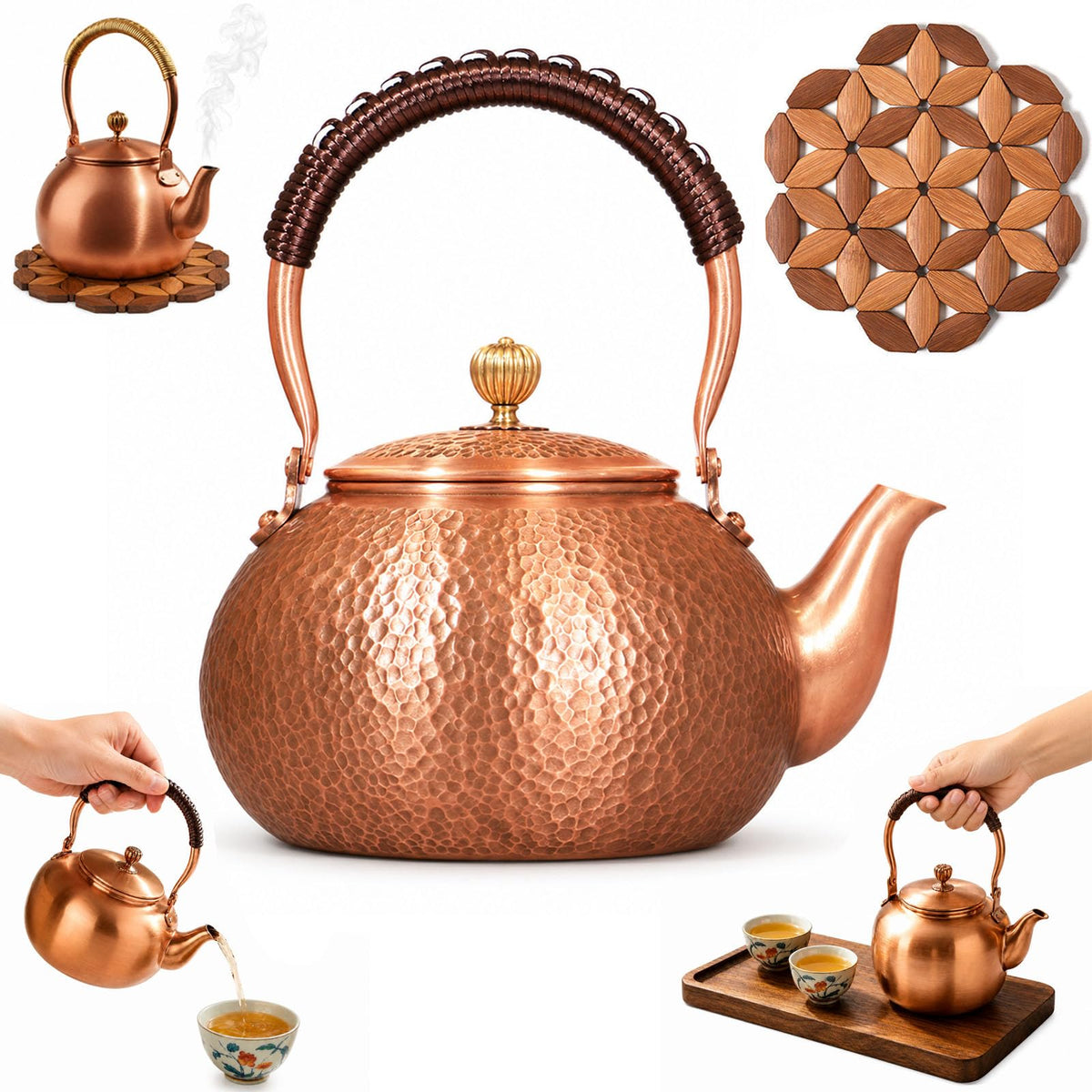 Handmade Copper Stovetop Teapot Kettle, Solid Copper Tea Kettle with Vintage Hammer Design, Thickened Household Boiling Teapot for Induction, Electric, Easy to Clean (B*1500ML)