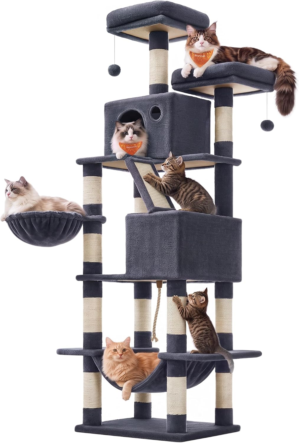 Feandrea Cat Tree, 81.1-Inch Large Cat Tower, Multi-Level Condo, Smoky Gray