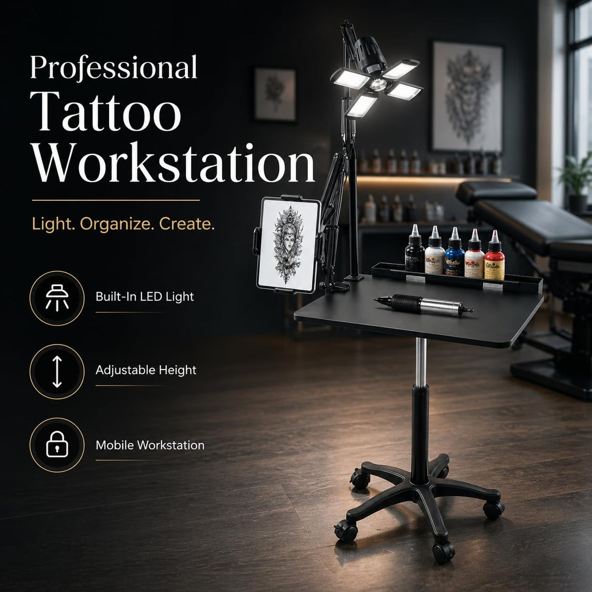 Professional Tattoo Workstation with LED Light, Adjustable Tattoo Artist Table with 6-9in Holder, Rolling Tattoo Desk Cart with Lockable Wheels, Mobile Tattoo Trolley for Studio Salon